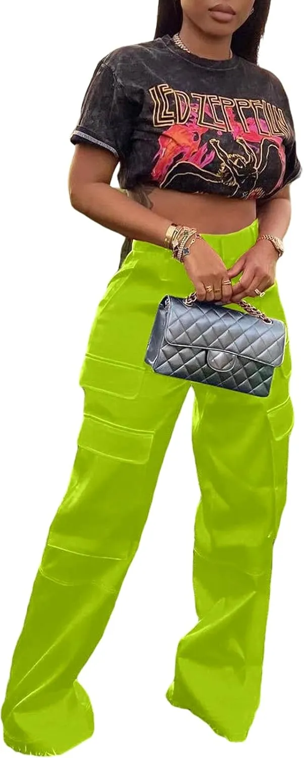 XZLUFNY Women's Bootcut Cargo Pant Lightweight Solid Color Waist Shaped Straight Leg Cargo Trousers Neon Green L