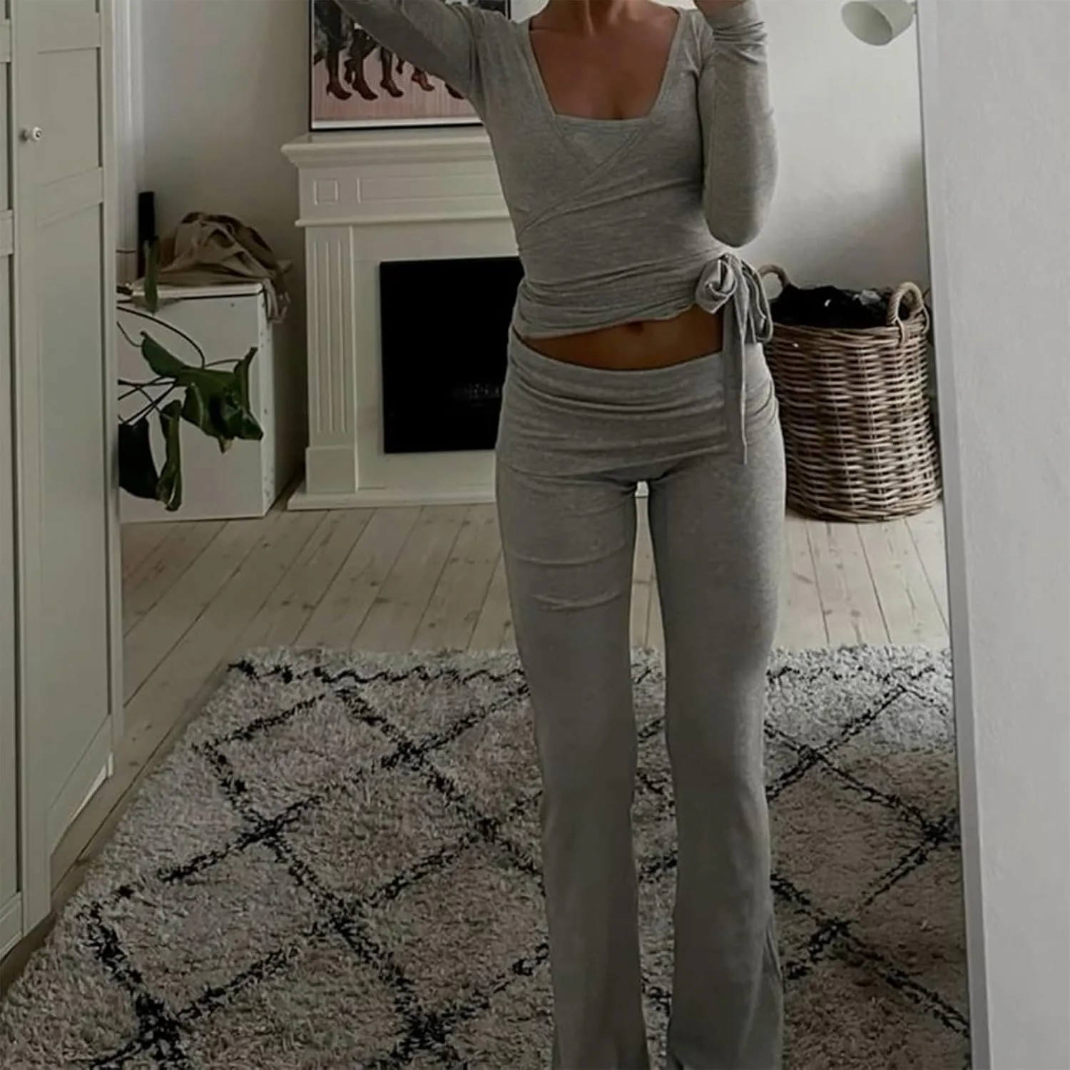 Y2k Cross Wrap Tie Crop Top for Women Workout Long Sleeve Deep V Neck Solid Color Slim Fit T-Shirts Yoga Blouses