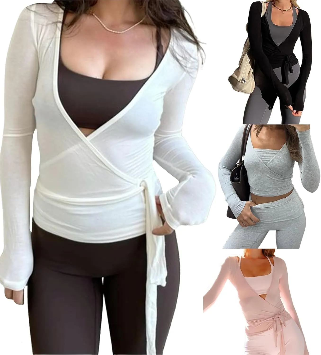 Y2k Cross Wrap Tie Crop Top for Women Workout Long Sleeve Deep V Neck Solid Color Slim Fit T-Shirts Yoga Blouses