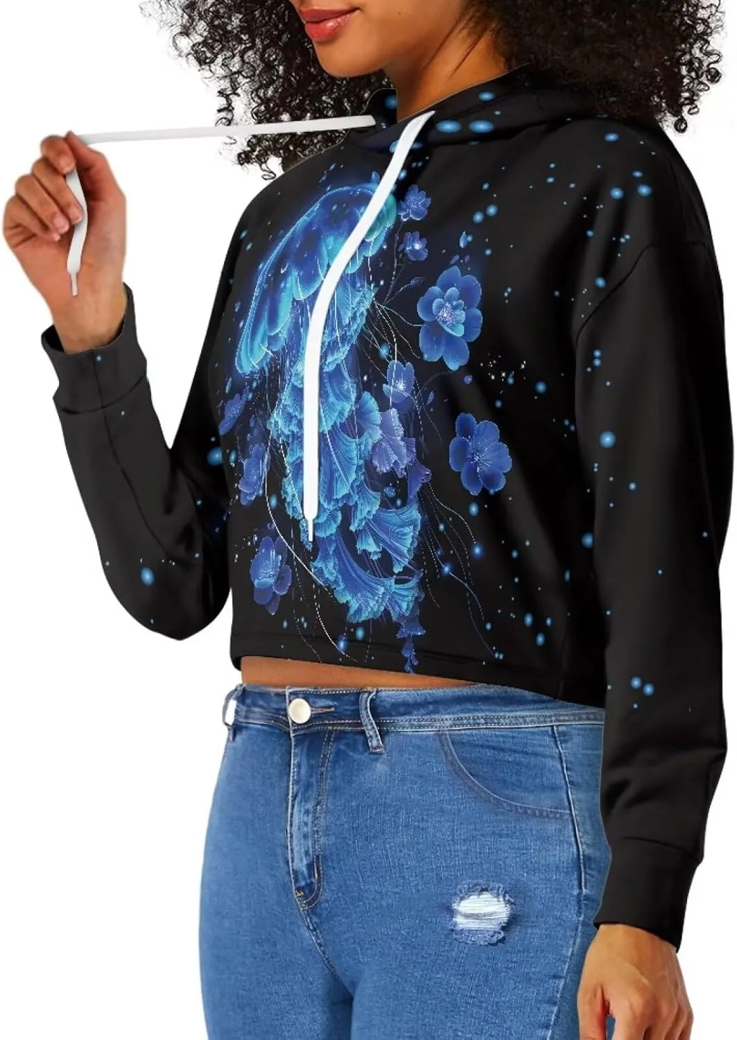 YEXIATODO Drawstring Crop Top Hoodies Casual Long Sleeve Hooded Sweatshirt Women