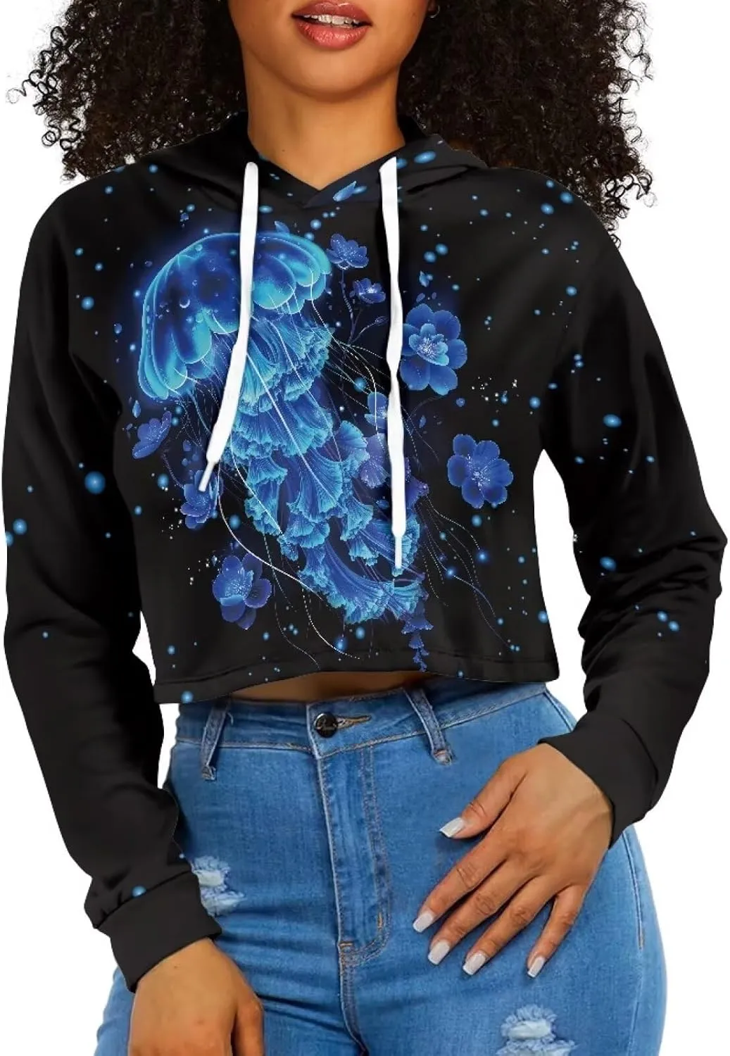 YEXIATODO Drawstring Crop Top Hoodies Casual Long Sleeve Hooded Sweatshirt Women