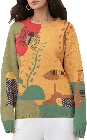 YKR Cat Sweaters for Women Ugly Christmas Sweater Graphic Printed Oversized Pullover Casual Loose Chunky Knit Top