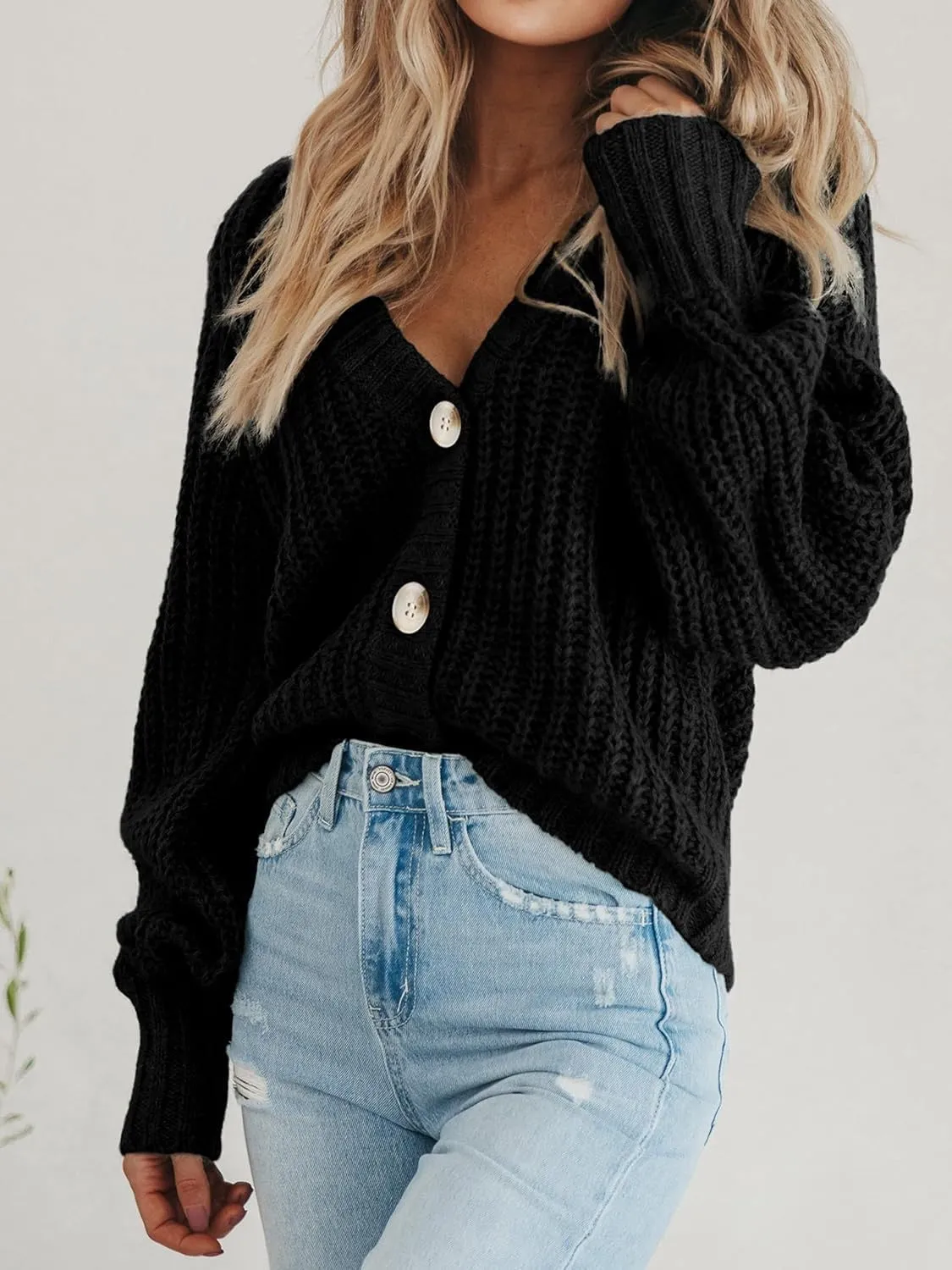 yoeasy Women's Button Open Front Cardigan Long Sleeve Chunky Knit Loose Trendy Short Sweater Outerwear Coats