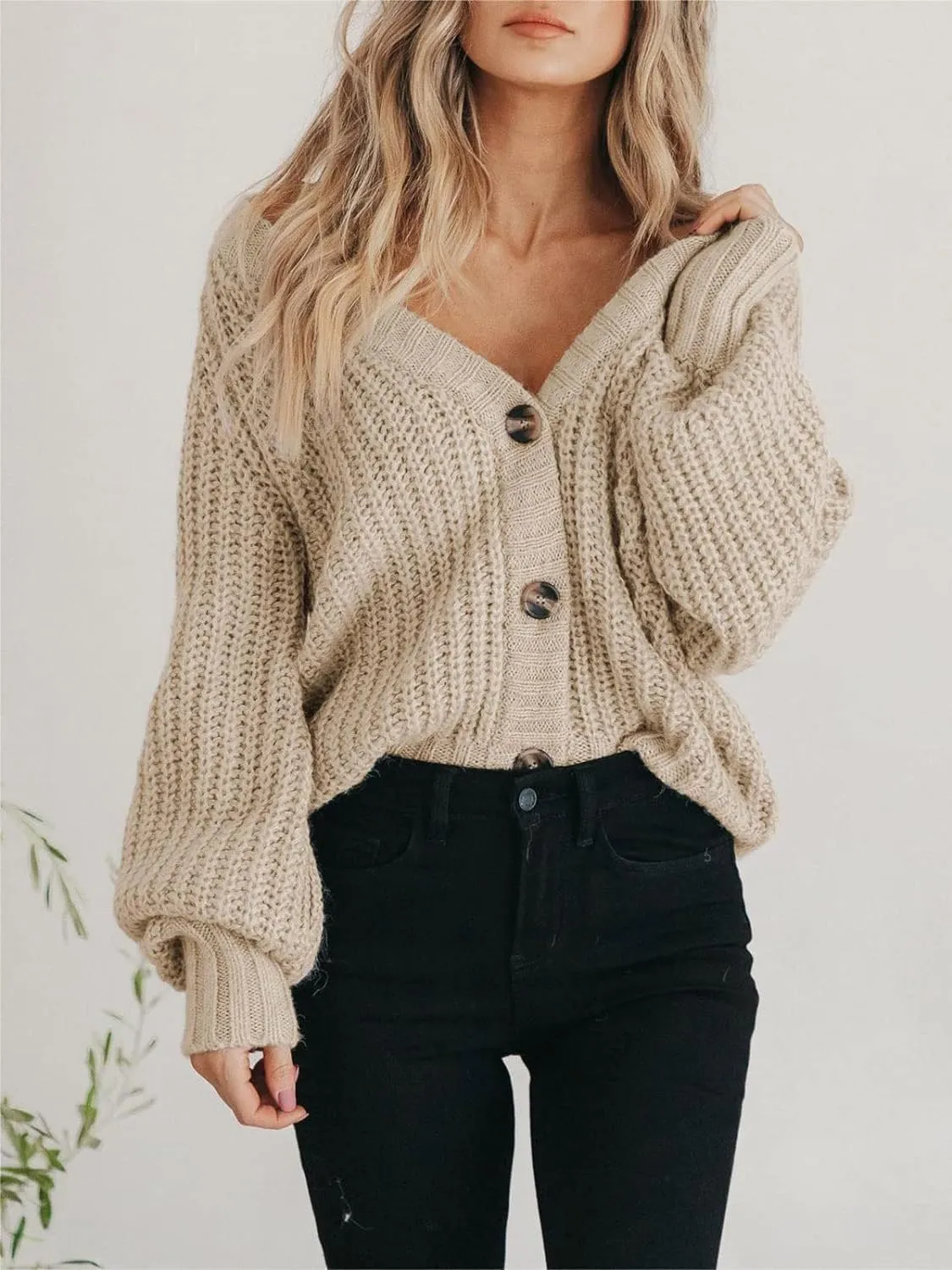 yoeasy Women's Button Open Front Cardigan Long Sleeve Chunky Knit Loose Trendy Short Sweater Outerwear Coats