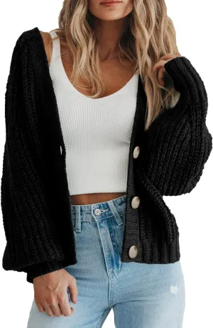 yoeasy Women's Button Open Front Cardigan Long Sleeve Chunky Knit Loose Trendy Short Sweater Outerwear Coats
