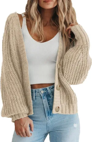 yoeasy Women's Button Open Front Cardigan Long Sleeve Chunky Knit Loose Trendy Short Sweater Outerwear Coats