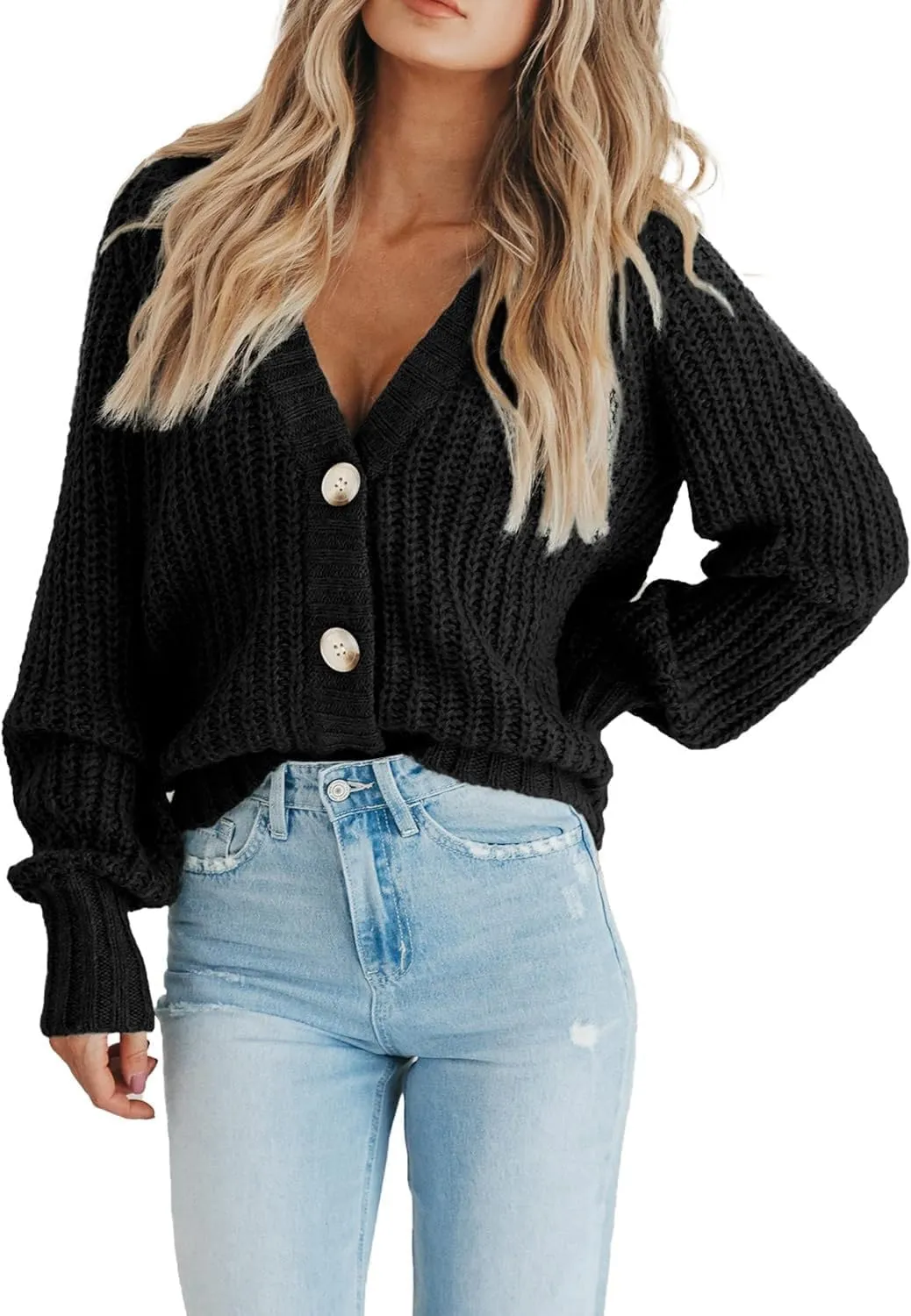 yoeasy Women's Button Open Front Cardigan Long Sleeve Chunky Knit Loose Trendy Short Sweater Outerwear Coats