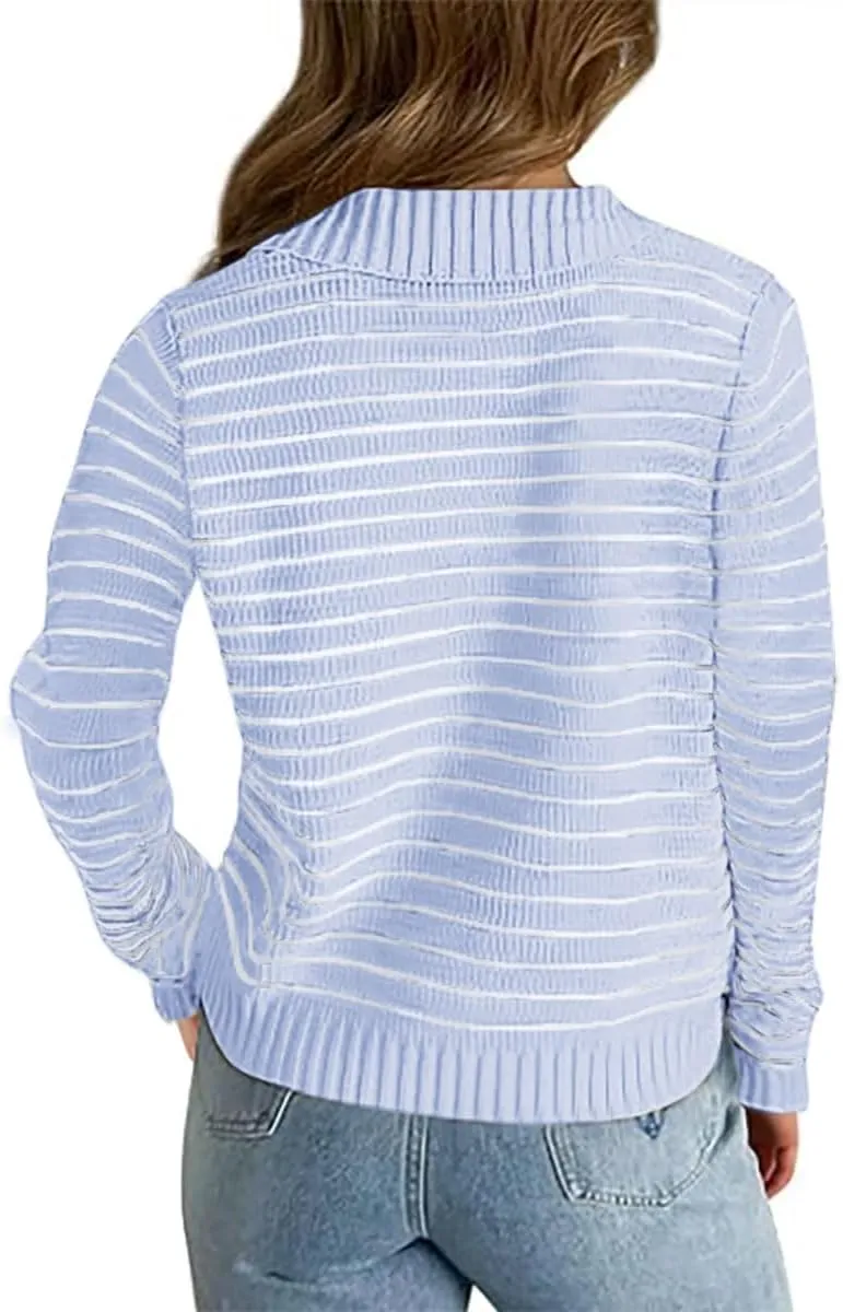 Yousify Womens Sweaters 2024 V Neck Long Sleeve Striped Tops Fall Winter Comfy Knit Clothes Pullover Sweater S-2XL