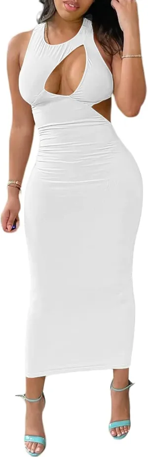 Yuopeid Women's Round Neck Sexy Hollow Out Backless Tank Long Dress Sleeveless Bodycon Casual Party Maxi Dresses
