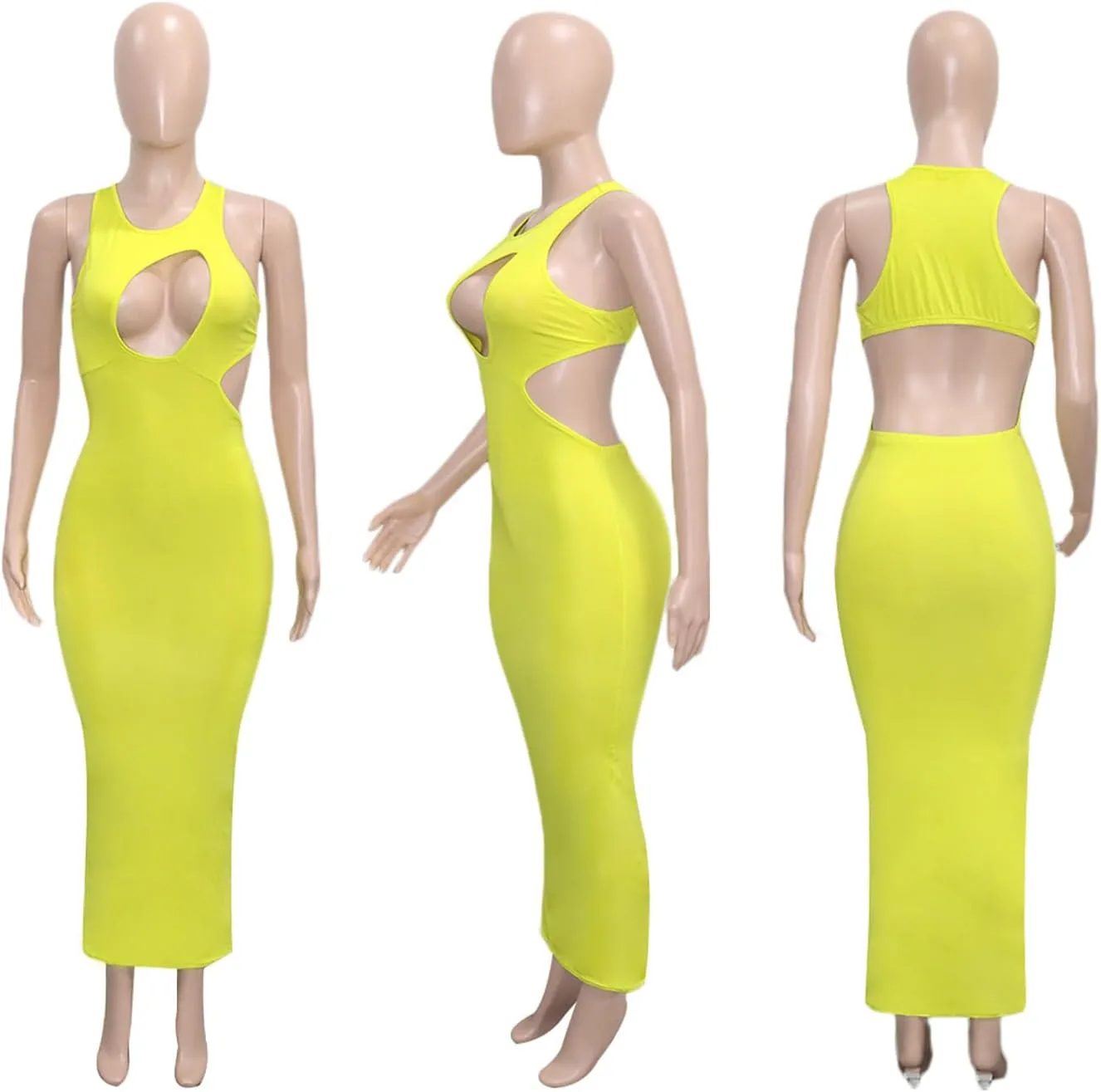 Yuopeid Women's Round Neck Sexy Hollow Out Backless Tank Long Dress Sleeveless Bodycon Casual Party Maxi Dresses