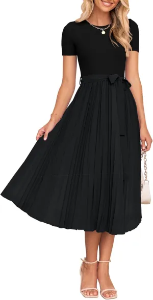 ZESICA Womens 2025 Summer Short Sleeve Midi Dresses Casual Crew Neck Knit Belted Pleated A Line Flowy Wedding Guest Dress