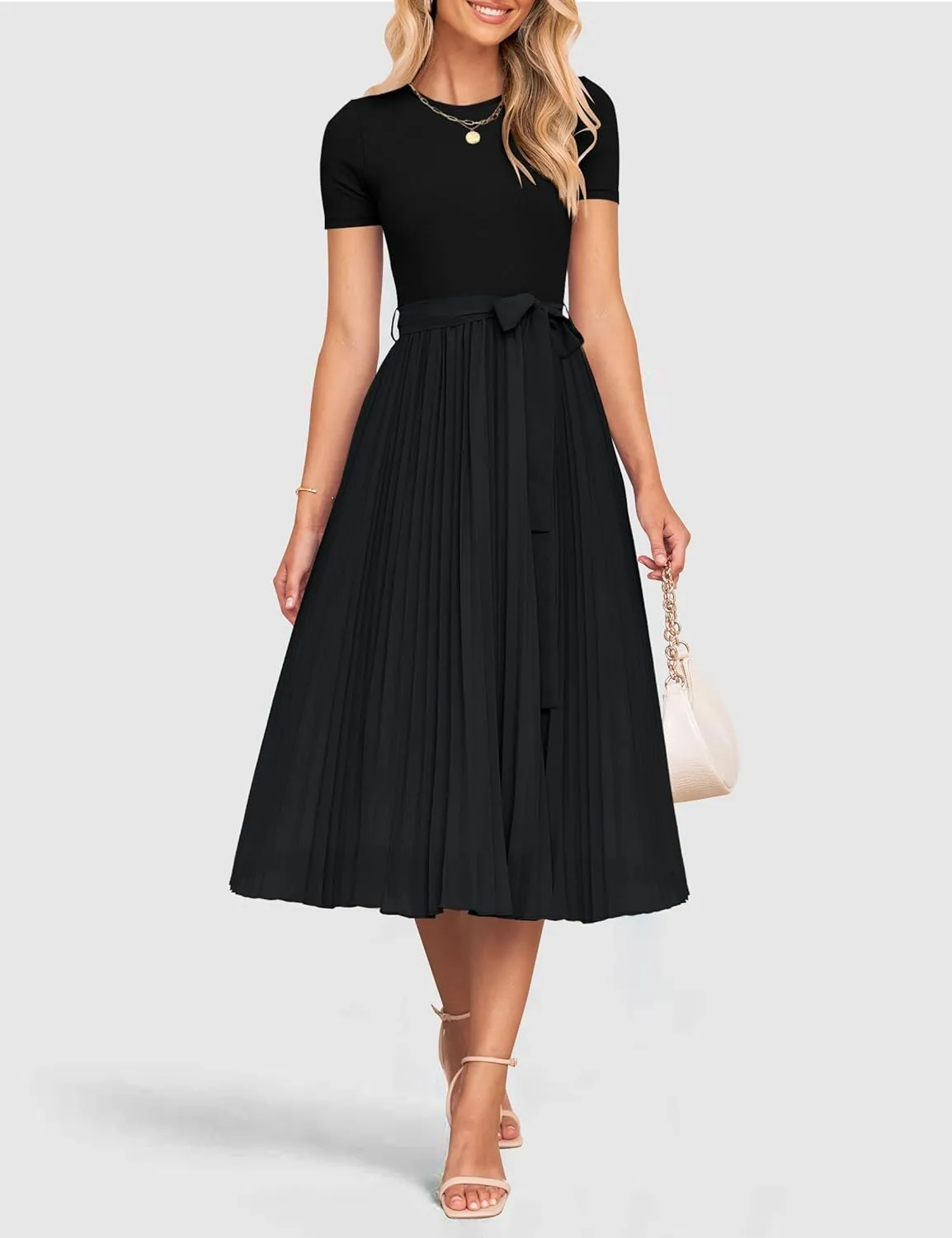 ZESICA Womens 2025 Summer Short Sleeve Midi Dresses Casual Crew Neck Knit Belted Pleated A Line Flowy Wedding Guest Dress