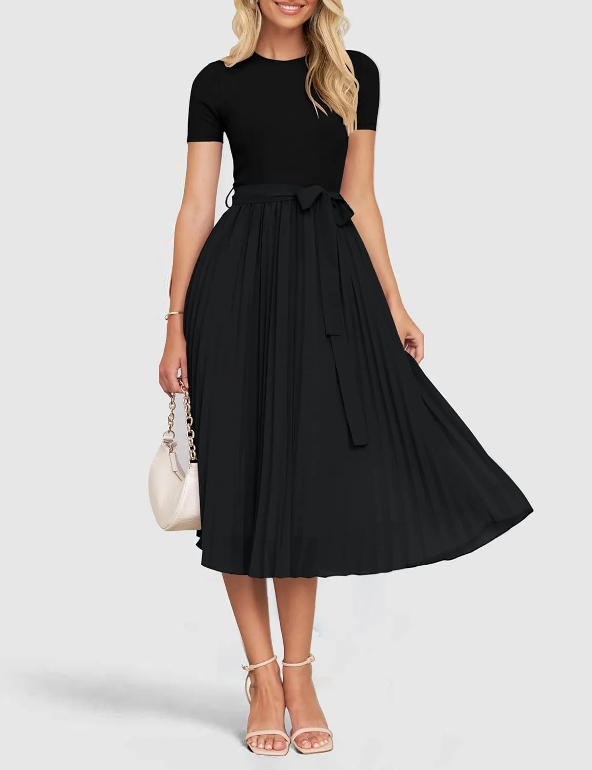 ZESICA Womens 2025 Summer Short Sleeve Midi Dresses Casual Crew Neck Knit Belted Pleated A Line Flowy Wedding Guest Dress