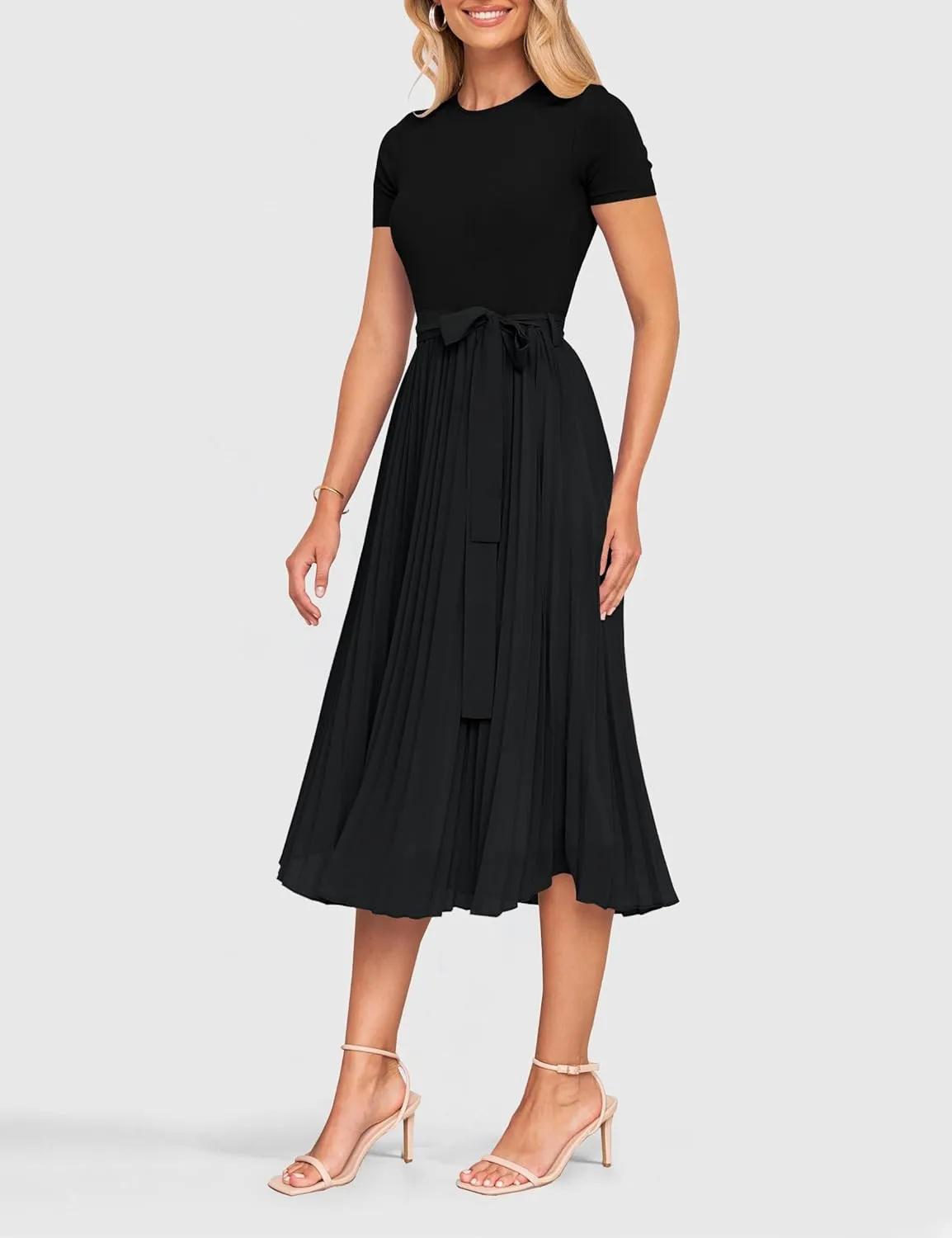 ZESICA Womens 2025 Summer Short Sleeve Midi Dresses Casual Crew Neck Knit Belted Pleated A Line Flowy Wedding Guest Dress