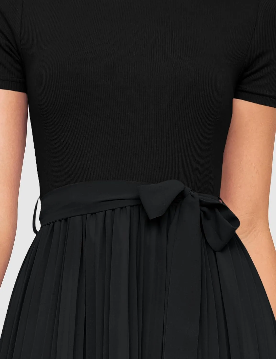 ZESICA Womens 2025 Summer Short Sleeve Midi Dresses Casual Crew Neck Knit Belted Pleated A Line Flowy Wedding Guest Dress