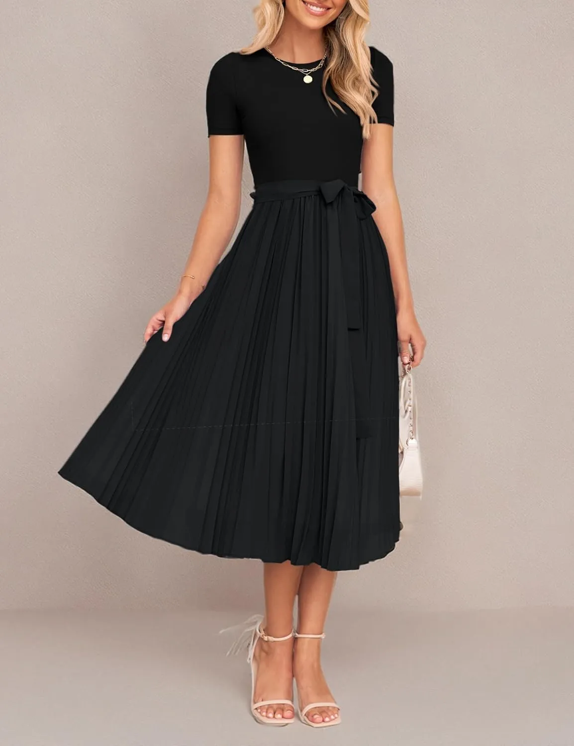 ZESICA Womens 2025 Summer Short Sleeve Midi Dresses Casual Crew Neck Knit Belted Pleated A Line Flowy Wedding Guest Dress