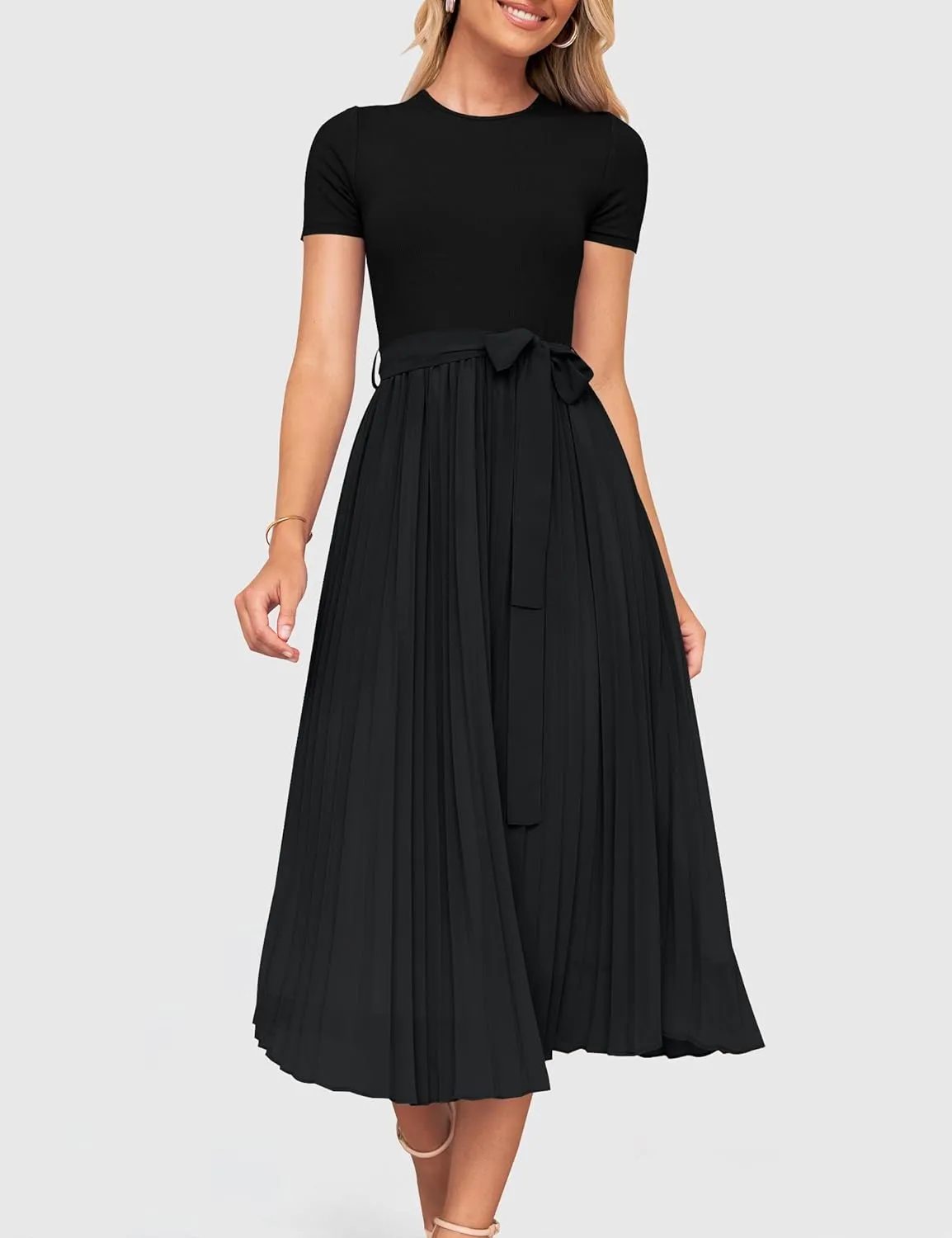 ZESICA Womens 2025 Summer Short Sleeve Midi Dresses Casual Crew Neck Knit Belted Pleated A Line Flowy Wedding Guest Dress