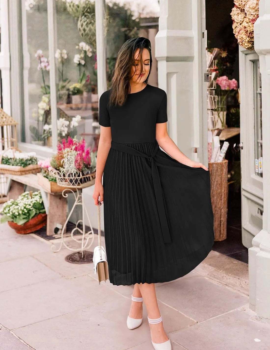 ZESICA Womens 2025 Summer Short Sleeve Midi Dresses Casual Crew Neck Knit Belted Pleated A Line Flowy Wedding Guest Dress