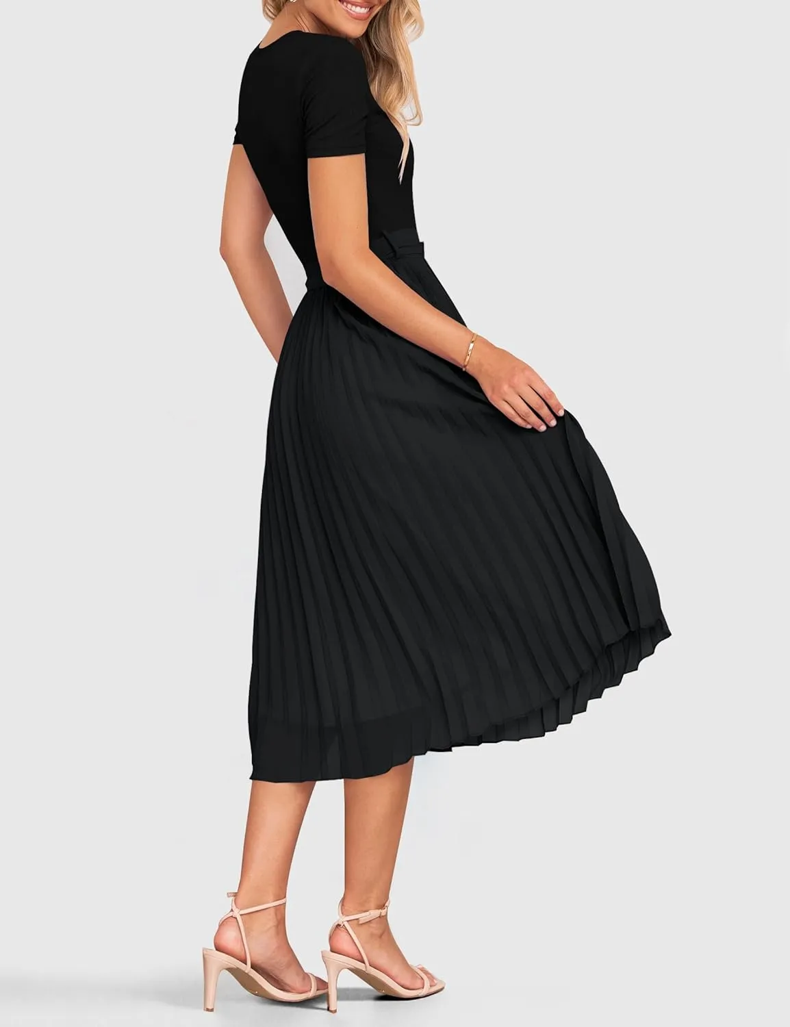 ZESICA Womens 2025 Summer Short Sleeve Midi Dresses Casual Crew Neck Knit Belted Pleated A Line Flowy Wedding Guest Dress