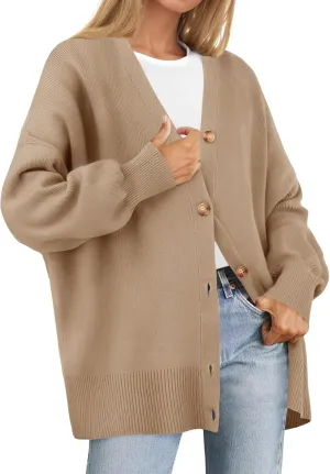 ZESICA Women's Casual Long Sleeve Cardigan V Neck Button Down Open Front Knit Loose Oversized Sweater Coat