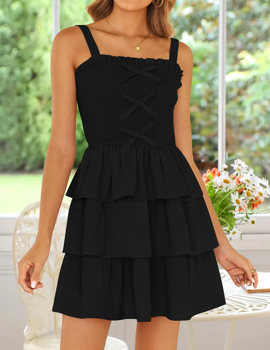 ZESICA Women's Summer Sleeveless Ruffle Tiered Layered Mini Dresses 2025 Square Neck Smocked Short Beach Sundress