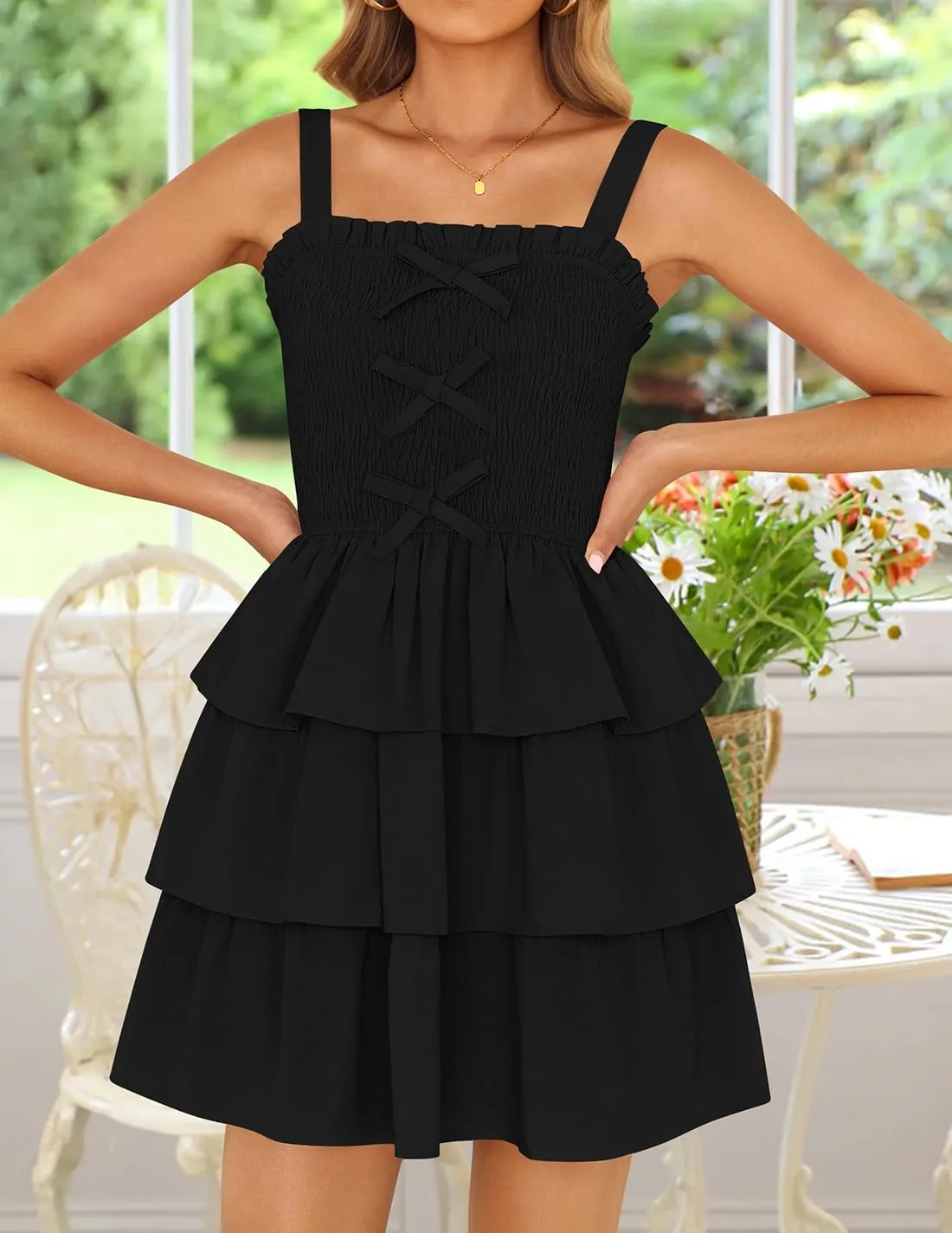 ZESICA Women's Summer Sleeveless Ruffle Tiered Layered Mini Dresses 2025 Square Neck Smocked Short Beach Sundress