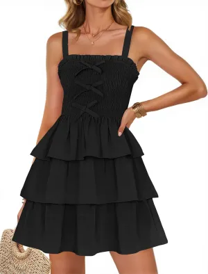ZESICA Women's Summer Sleeveless Ruffle Tiered Layered Mini Dresses 2025 Square Neck Smocked Short Beach Sundress