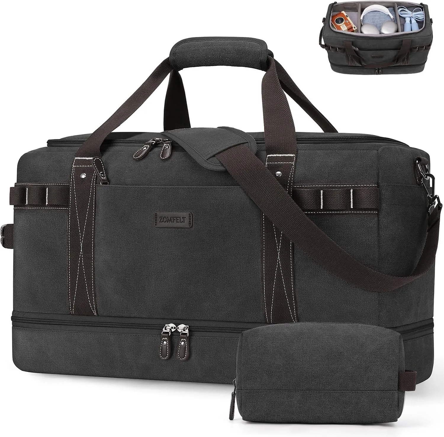 ZOMFELT Travel Duffle Bag for Men, Waterproof Canvas Overnight Duffel Bag with Removable Dividers & Shoe Compartment, Carry On Weekender Gym bag, Multi-Pocket & Vintage Design (Washed Black)