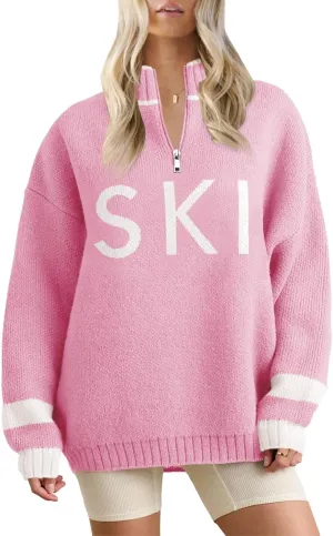 Zwurew Women's Ski Sweater 2024 Quarter Zip Color Block Striped Slouchy Long Sleeve Knitted Pullover Jumper Tops