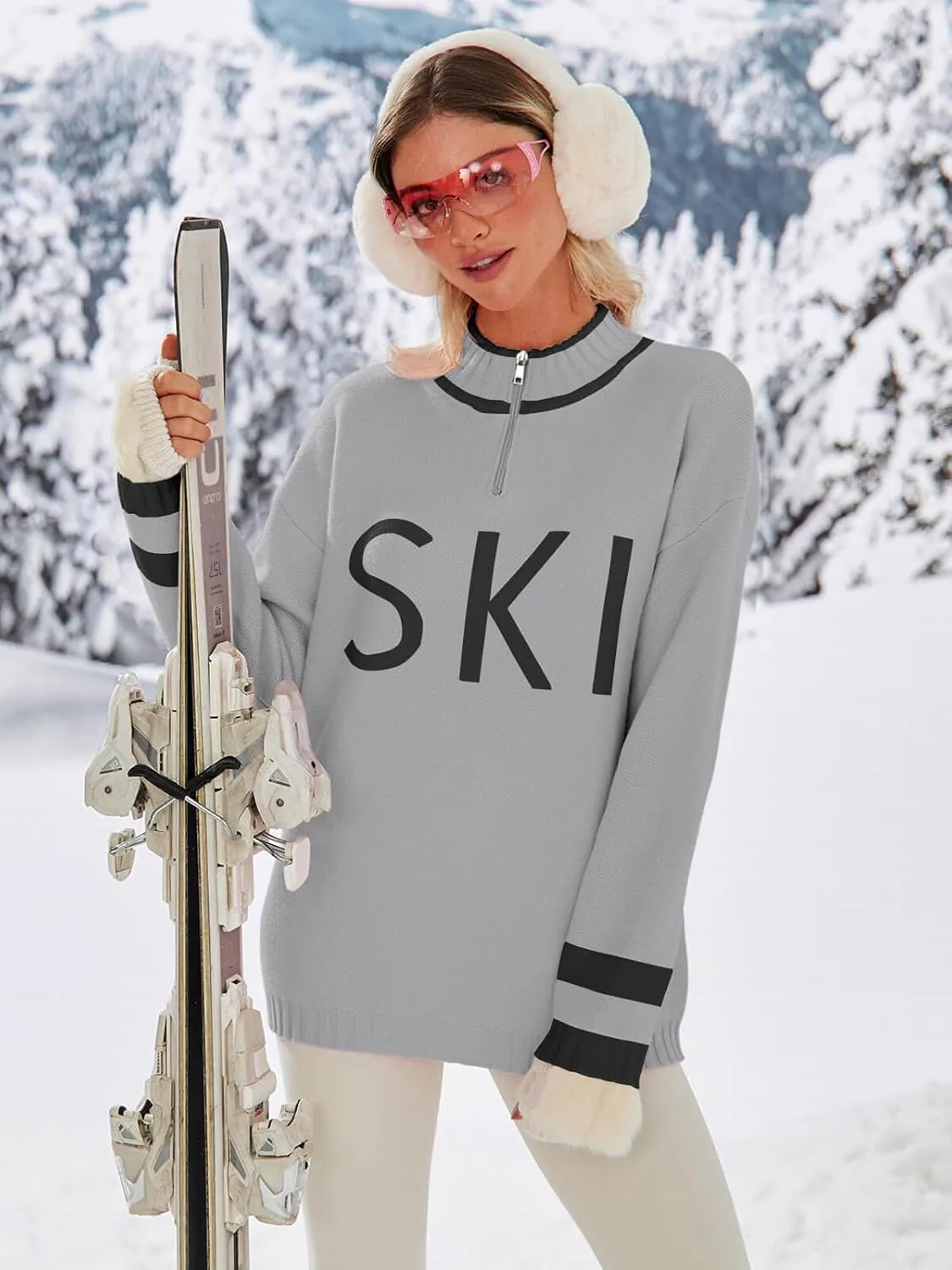 Zwurew Women's Ski Sweater 2024 Quarter Zip Color Block Striped Slouchy Long Sleeve Knitted Pullover Jumper Tops