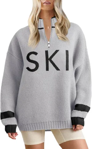 Zwurew Women's Ski Sweater 2024 Quarter Zip Color Block Striped Slouchy Long Sleeve Knitted Pullover Jumper Tops