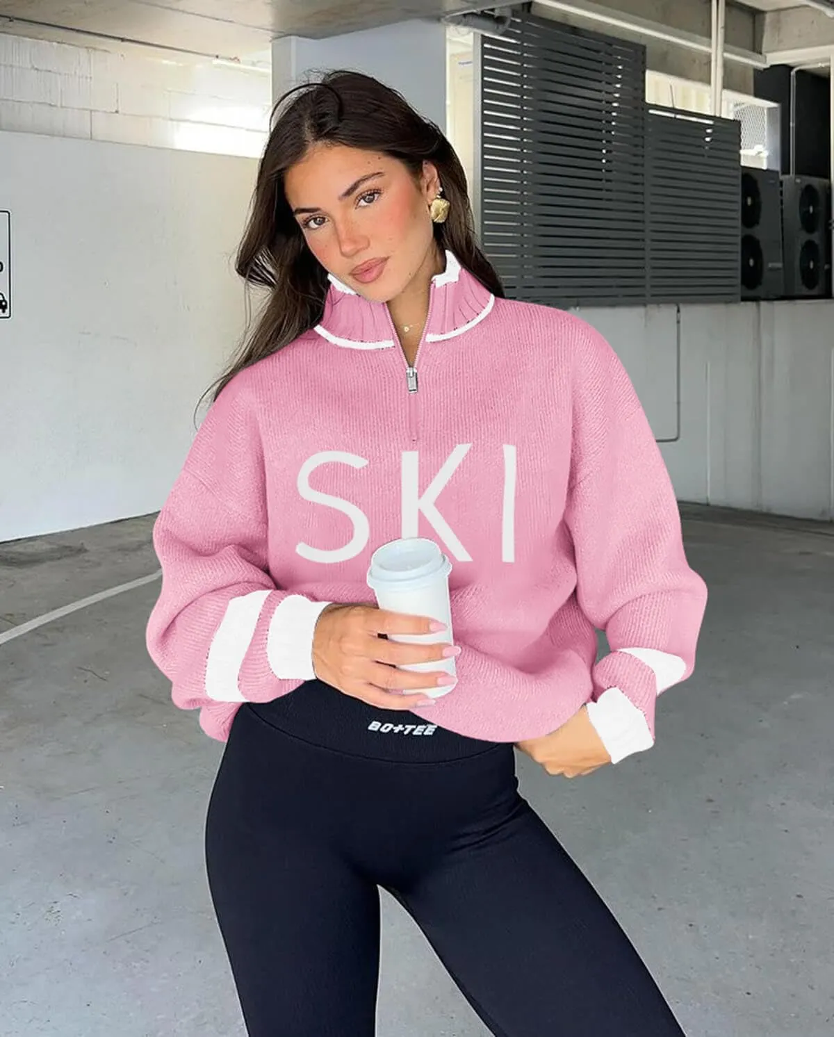 Zwurew Women's Ski Sweater 2024 Quarter Zip Color Block Striped Slouchy Long Sleeve Knitted Pullover Jumper Tops
