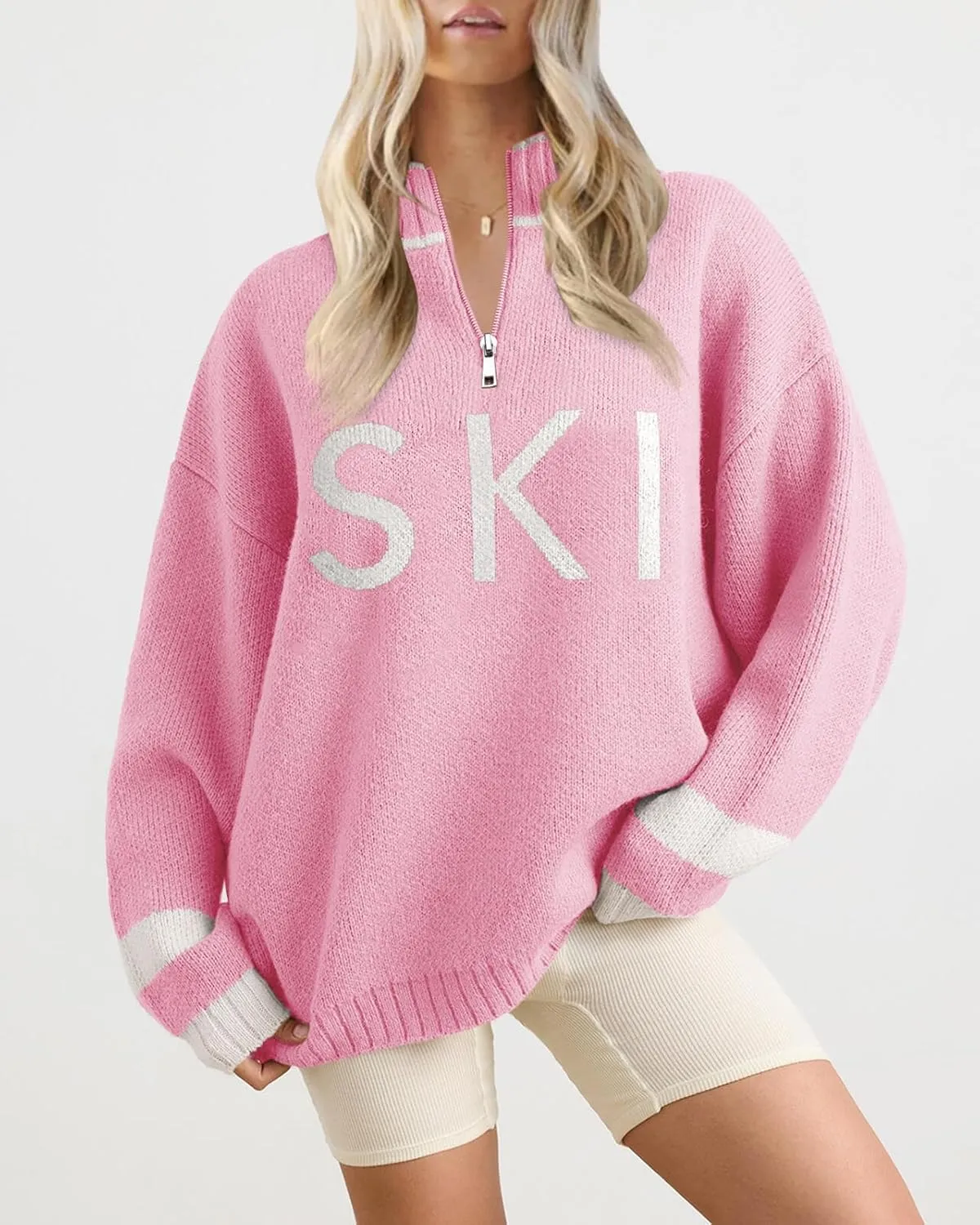 Zwurew Women's Ski Sweater 2024 Quarter Zip Color Block Striped Slouchy Long Sleeve Knitted Pullover Jumper Tops