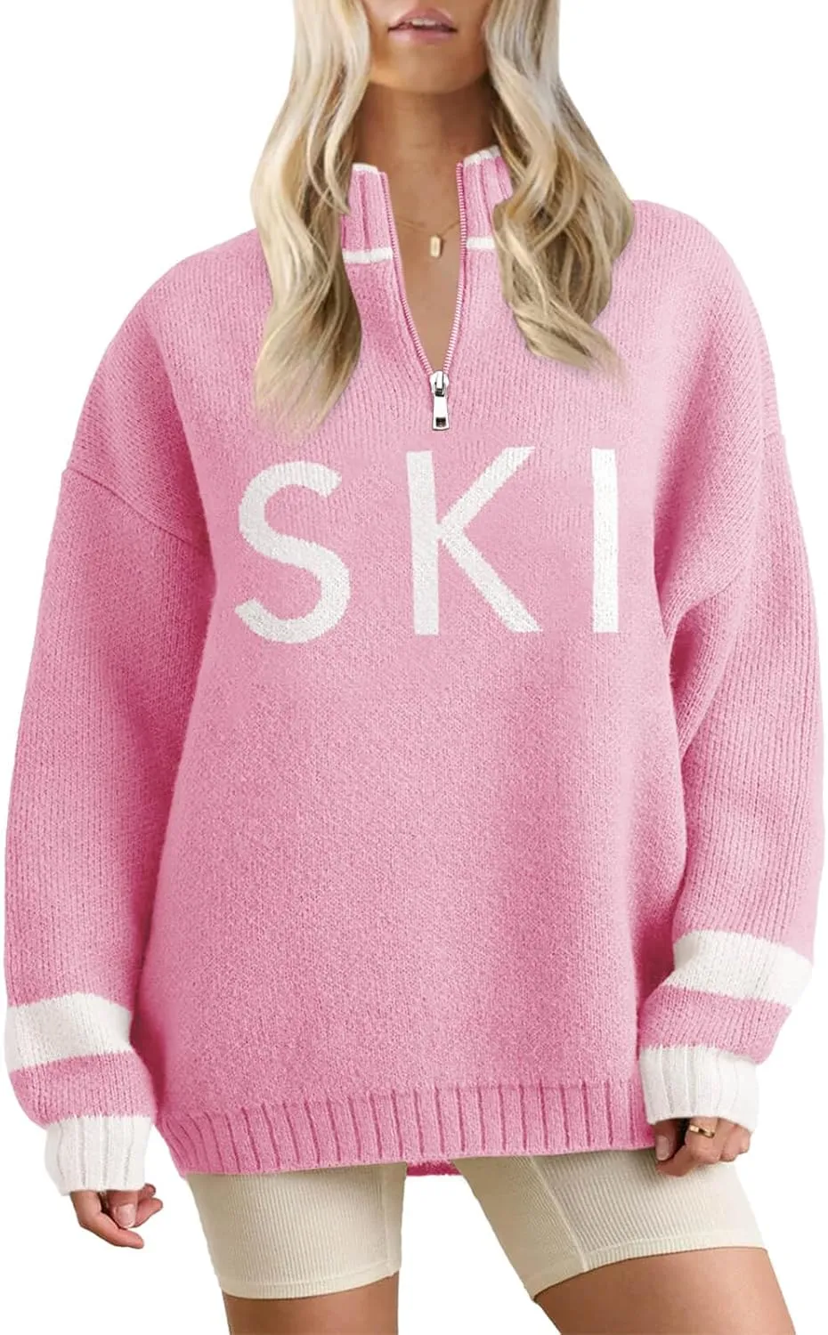 Zwurew Women's Ski Sweater 2024 Quarter Zip Color Block Striped Slouchy Long Sleeve Knitted Pullover Jumper Tops