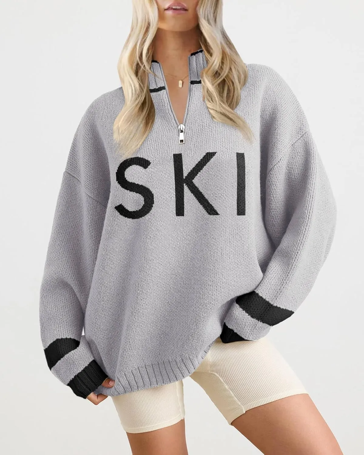 Zwurew Women's Ski Sweater 2024 Quarter Zip Color Block Striped Slouchy Long Sleeve Knitted Pullover Jumper Tops