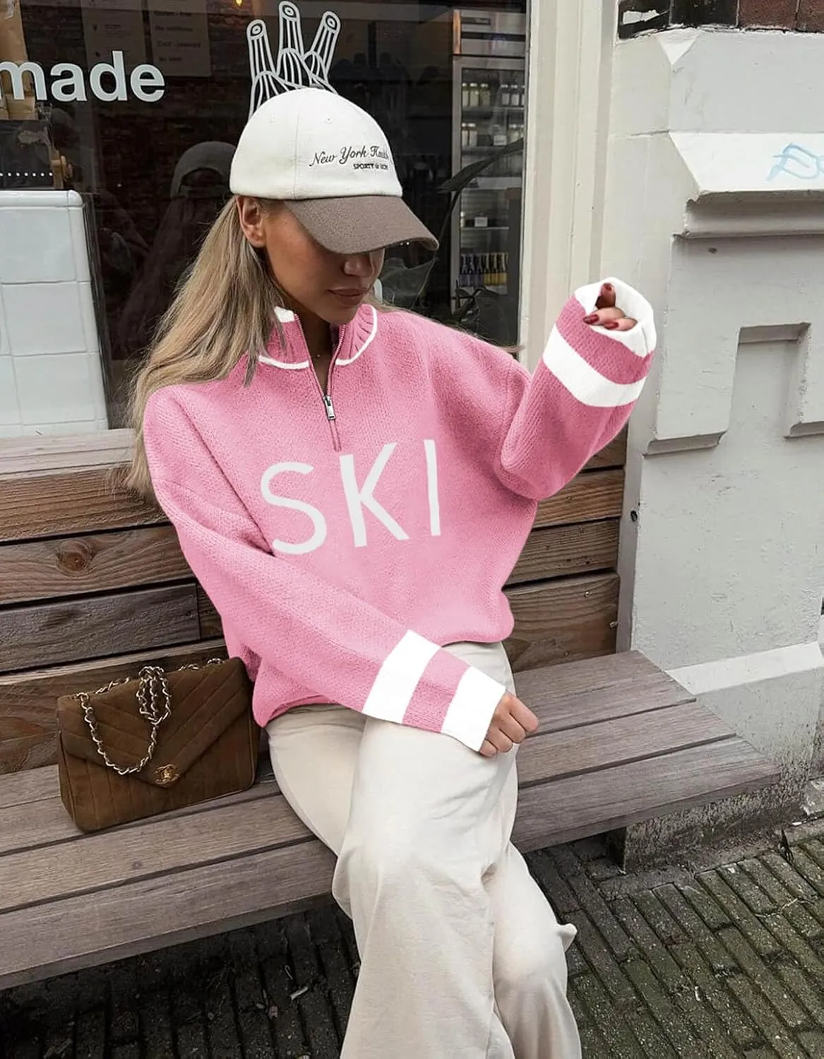 Zwurew Women's Ski Sweater 2024 Quarter Zip Color Block Striped Slouchy Long Sleeve Knitted Pullover Jumper Tops