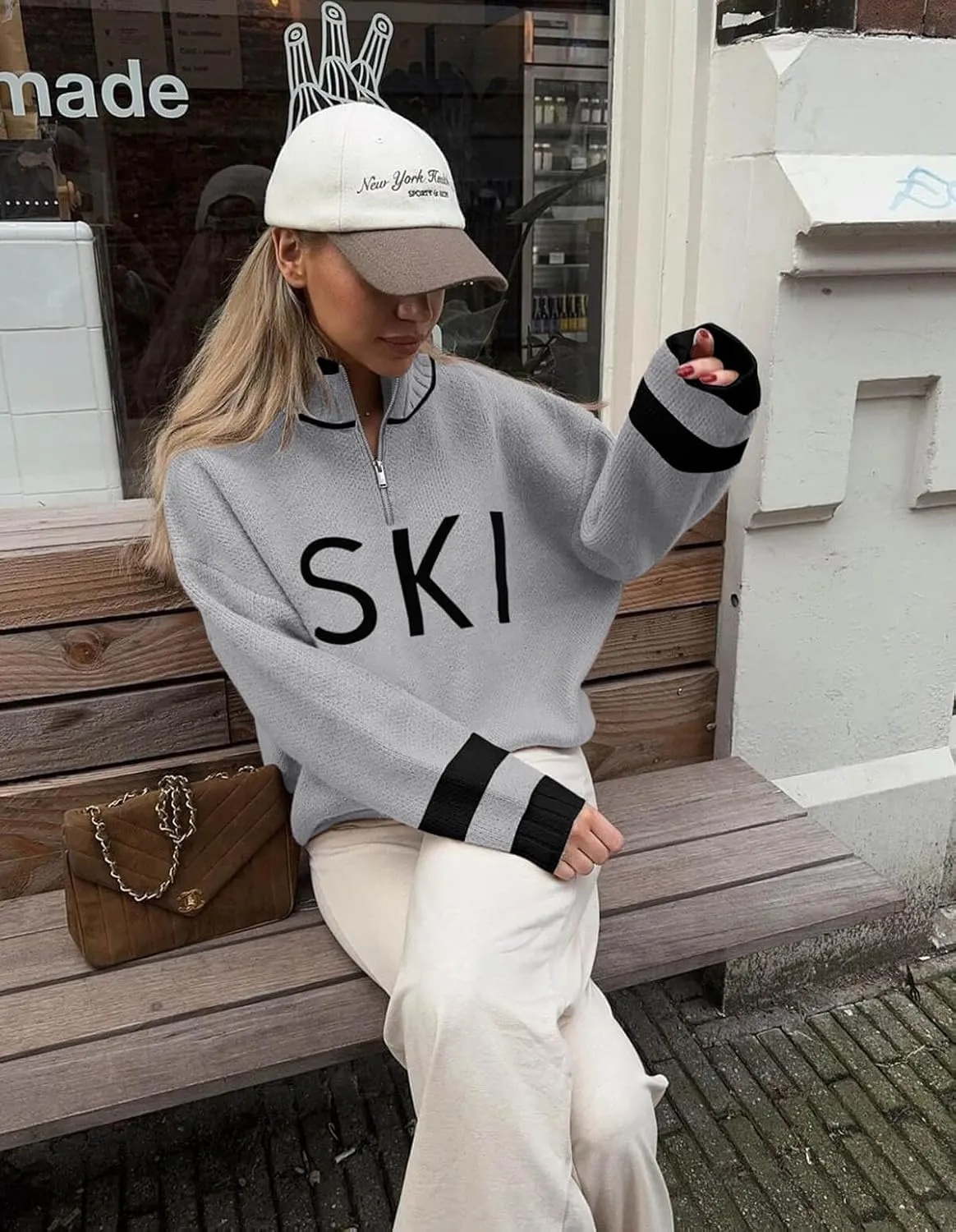 Zwurew Women's Ski Sweater 2024 Quarter Zip Color Block Striped Slouchy Long Sleeve Knitted Pullover Jumper Tops